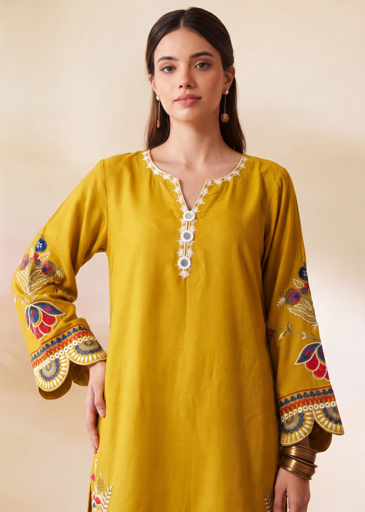 Mustard Dhanak Kurta Set with Flapper Bottom Online in Dubai UAE Abudhabi Ajman Sharjah