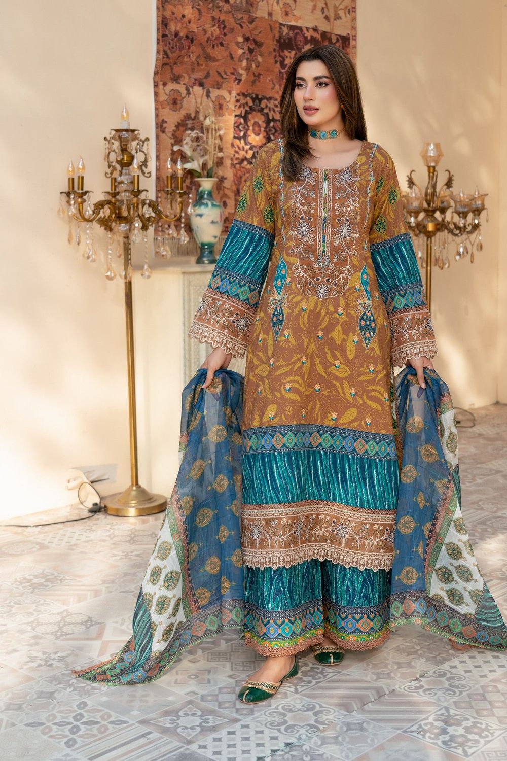 Mustard Digital Printed Lawn Pakistani Designer Suit Online in Dubai UAE Abudhabi Ajman Sharjah