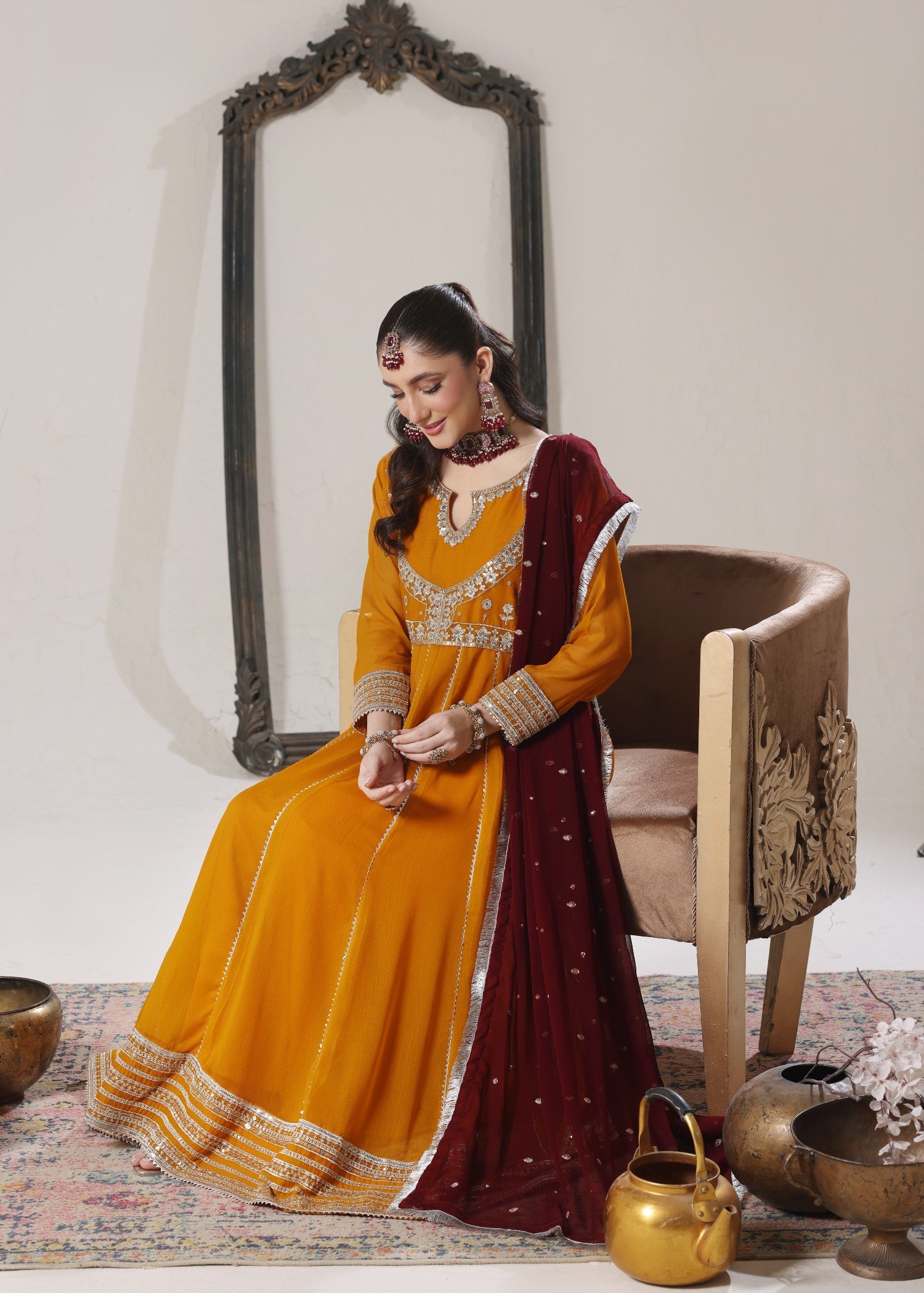 Mustard Embellished Chiffon Flared Pishwas Online in Dubai DXB UAE Abudhabi Meena Bazaar
