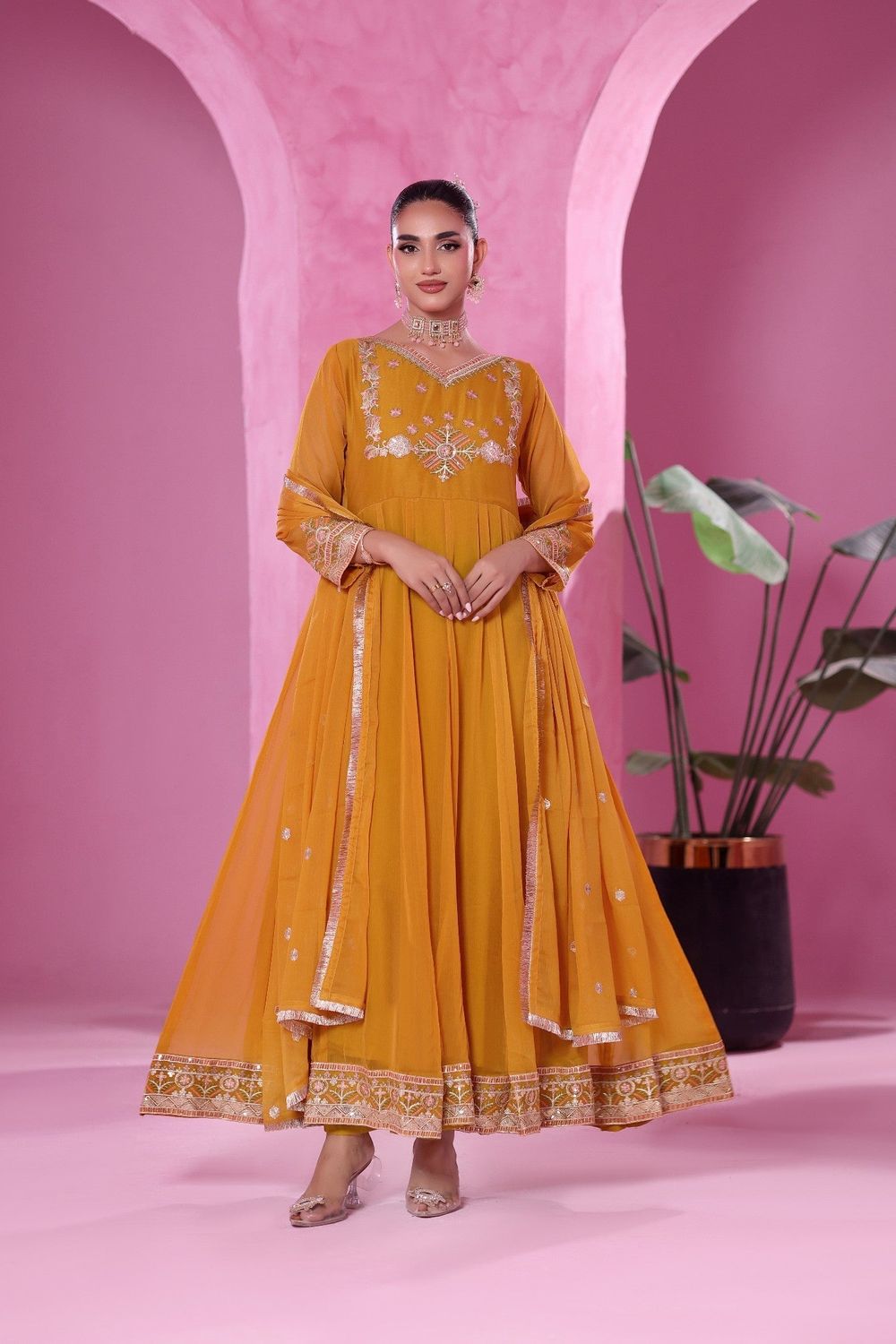 Mustard Embellished Chiffon Partywear Suit Online in Dubai UAE Abudhabi Ajman Sharjah