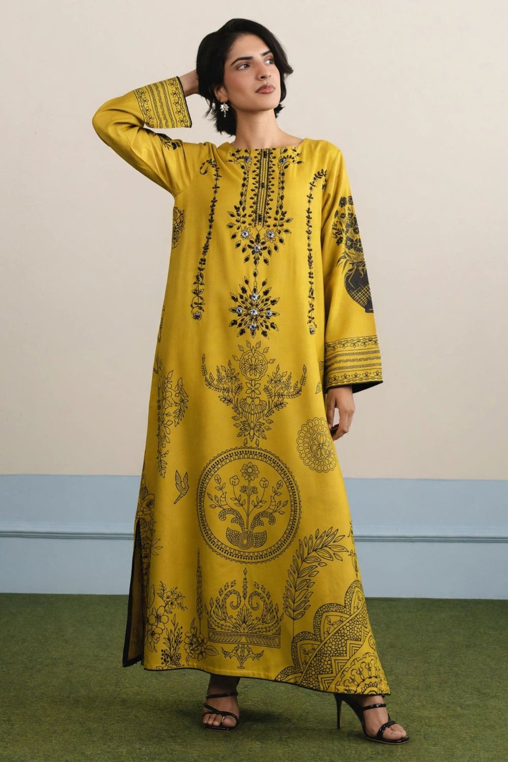 Mustard Embellished Dhanak Kaftan Online in Dubai UAE Abudhabi Ajman Sharjah