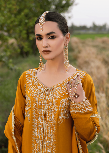 Mustard Embellished Korean Raw Silk Festive Wear Suit Online in Dubai DXB UAE Abudhabi Meena Bazaar