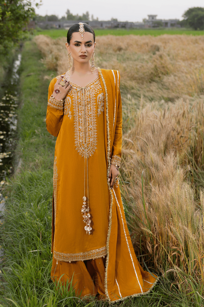 Mustard Embellished Korean Raw Silk Partywear Salwar Kameez Online in Dubai UAE Abudhabi Ajman Sharjah