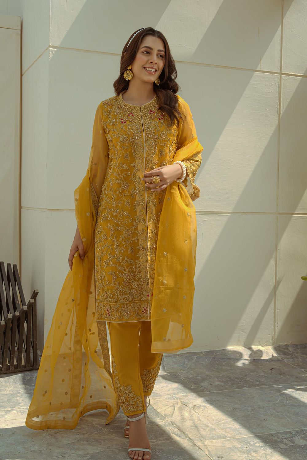 Mustard Embellished Organza Jacket Suit Online in Dubai UAE Abudhabi Ajman Sharjah