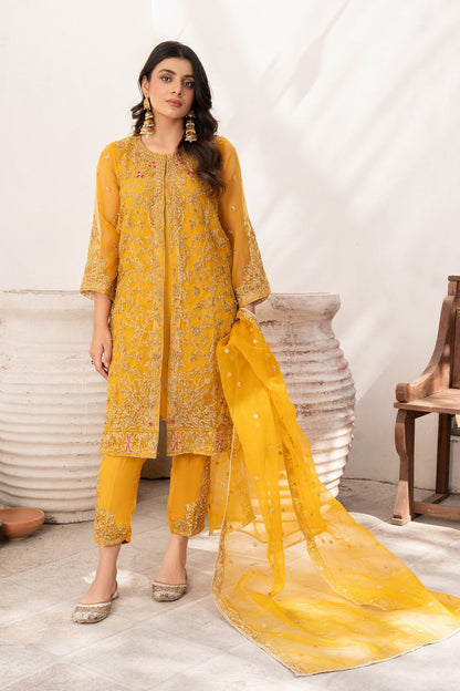 Mustard Embellished Organza Salwar Kameez Online in Dubai UAE Abudhabi Ajman Sharjah