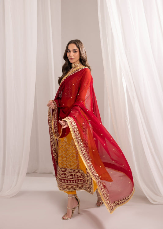 Mustard Embroidered Bemberg Chiffon Straight Trouser Suit Online in Dubai DXB UAE Abudhabi Meena Bazaar