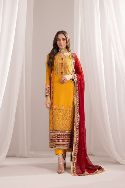 Mustard Embroidered Bemberg Crinkle Chiffon Salwar Kameez Online in Dubai UAE Abudhabi Ajman Sharjah