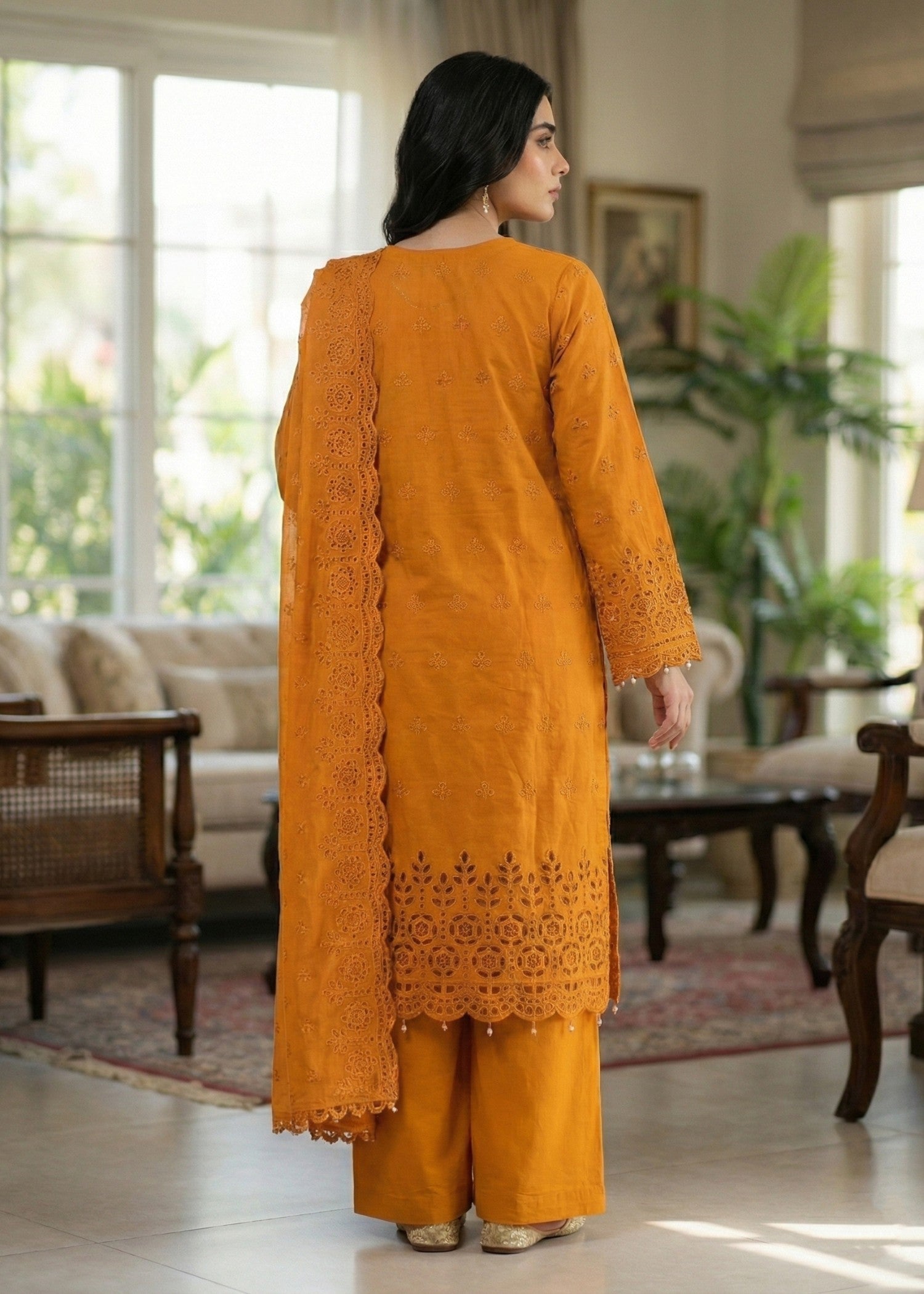 Mustard Embroidered Chiffon Dupatta Suit Online in Dubai DXB UAE Abudhabi Meena Bazaar
