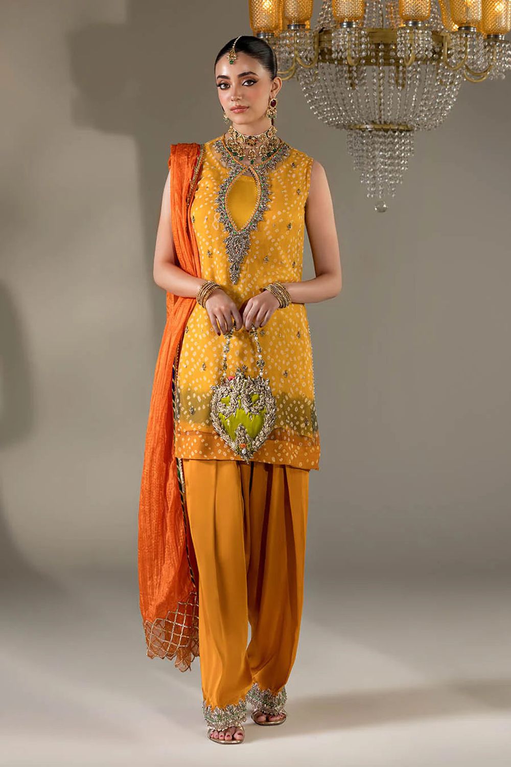 Mustard Embroidered Chiffon Farshi Shalwar Suit Online in Dubai UAE Abudhabi Ajman Sharjah