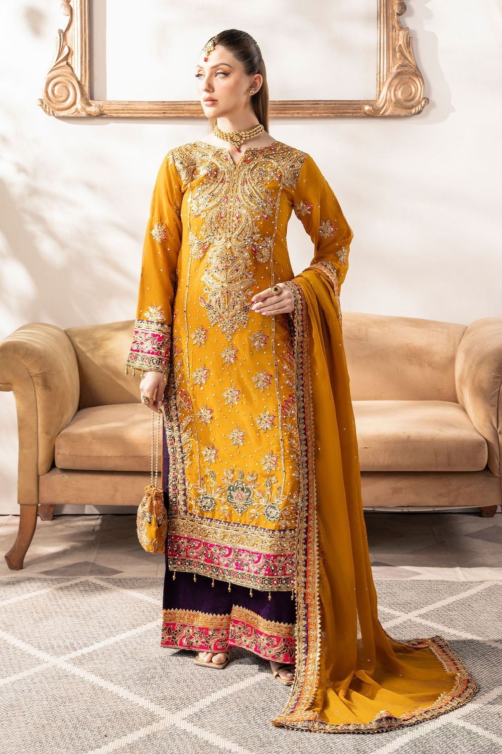 Mustard Embroidered Chiffon Festive Suit Online in Dubai UAE Abudhabi Ajman Sharjah