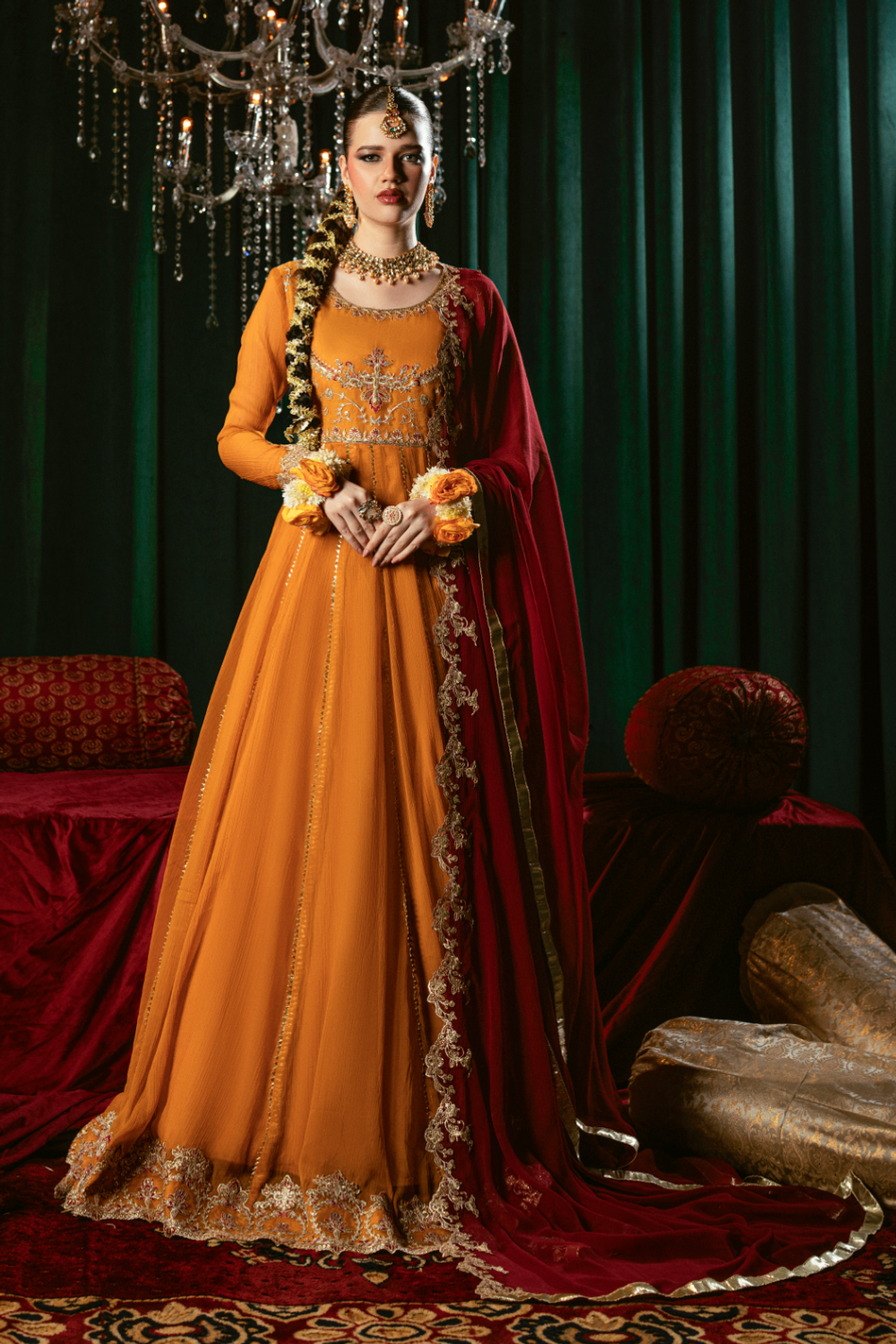 Mustard Embroidered Chiffon Floor-Length Pishwas Online in Dubai UAE Abudhabi Ajman Sharjah