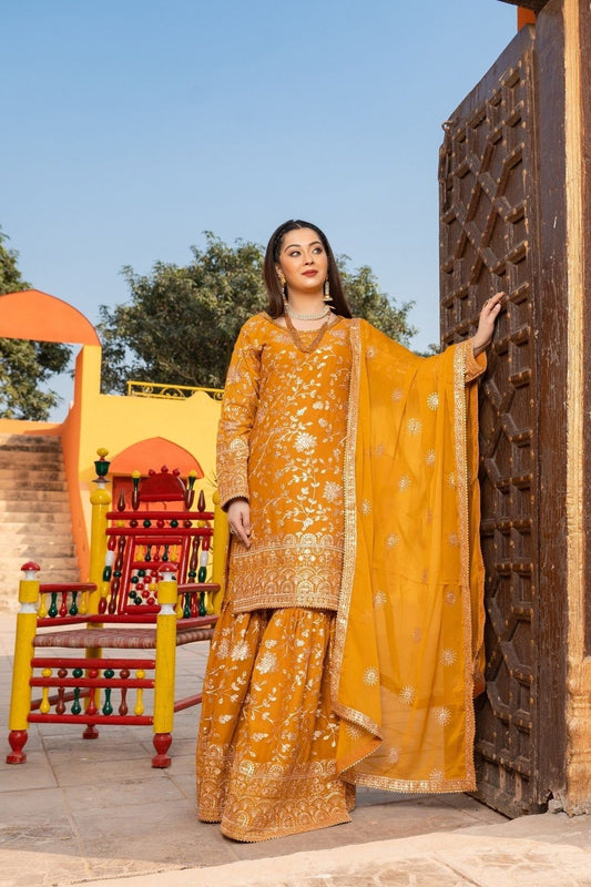 Mustard Embroidered Chiffon Gharara Suit Online in Dubai UAE Abudhabi Ajman Sharjah