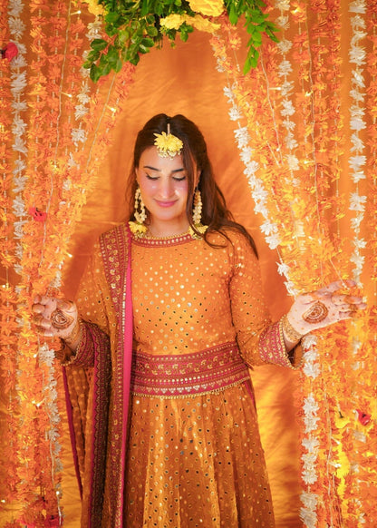 Mustard Embroidered Chiffon Kurti Lehenga Set Online in Sri Lanka India Australia