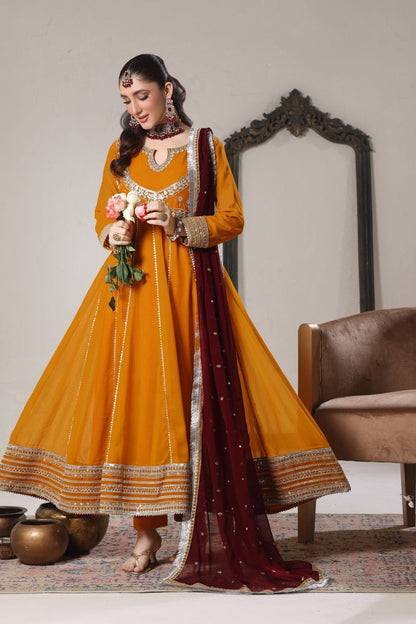 Mustard Embroidered Chiffon Partywear Pishwas Online in Dubai UAE Abudhabi Ajman Sharjah