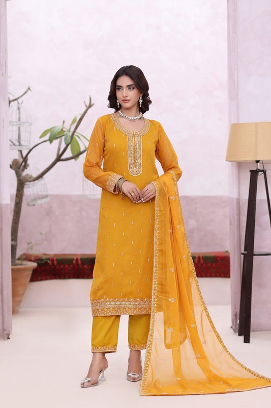 Mustard Embroidered Chiffon Partywear Suit Online in Dubai UAE Abudhabi Ajman Sharjah