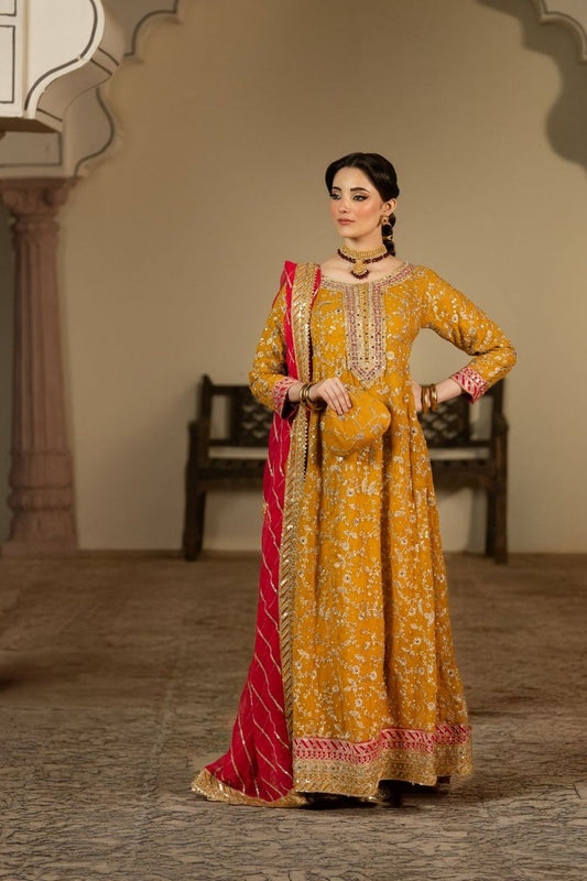 Mustard Embroidered Chiffon Partywear Suit Online in Dubai UAE Abudhabi Ajman Sharjah