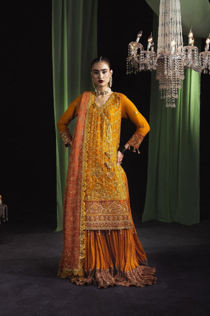 Mustard Embroidered Chiffon Sharara Suit Online in Dubai UAE Abudhabi Ajman Sharjah