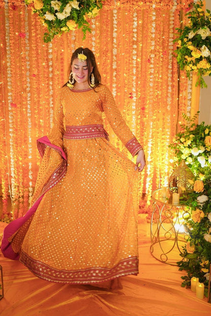 Mustard Embroidered Chiffon Wedding Guest Suit Online in Dubai UAE Abudhabi Ajman Sharjah