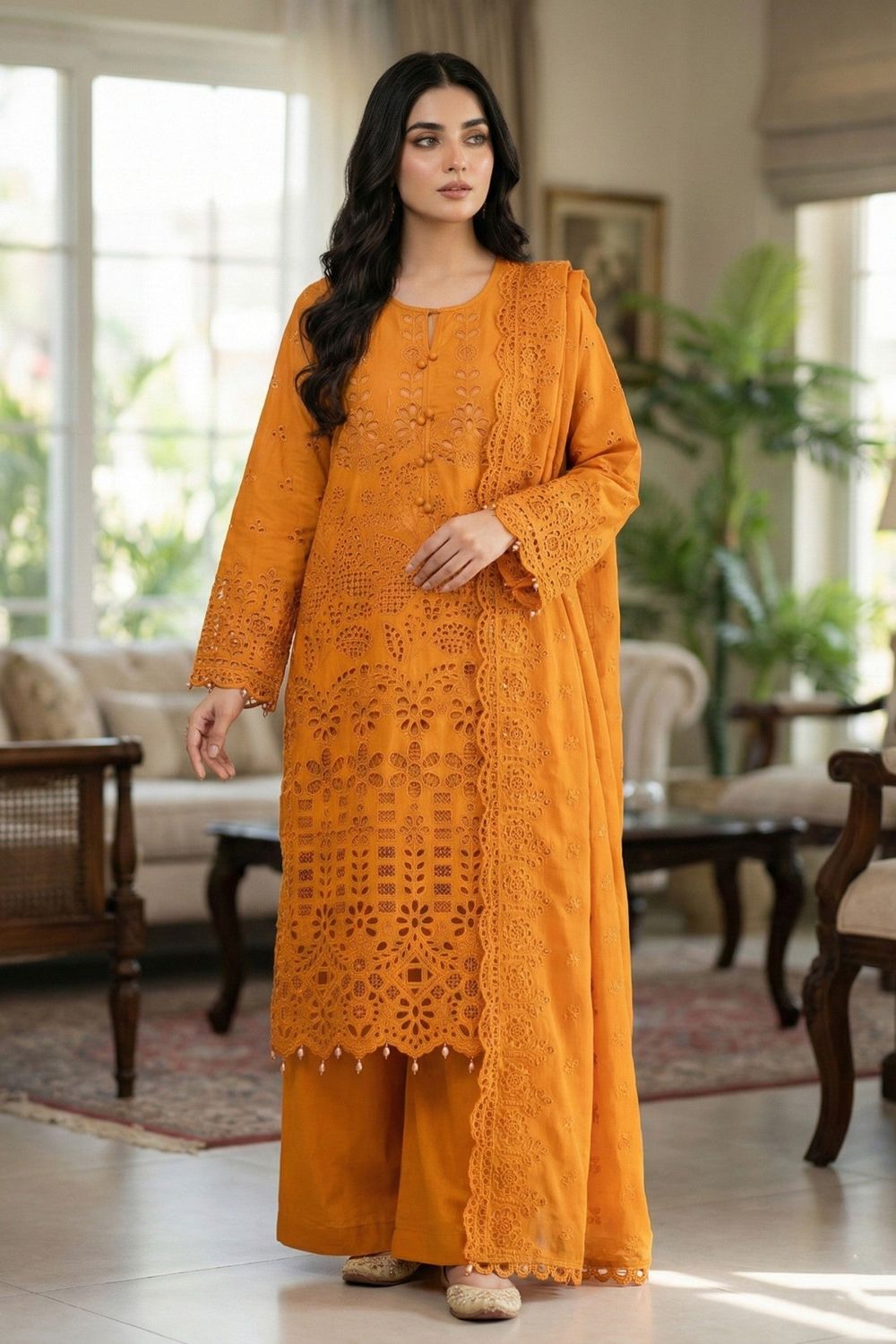 Mustard Embroidered Chikankari Cotton Salwar Kameez Online in Dubai UAE Abudhabi Ajman Sharjah