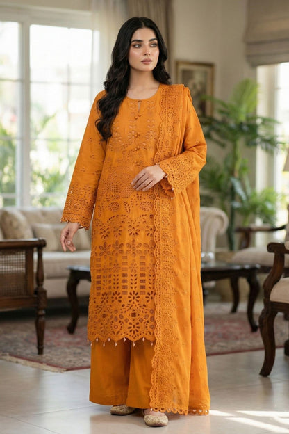 Mustard Embroidered Chikankari Cotton Salwar Kameez Online in Dubai UAE Abudhabi Ajman Sharjah