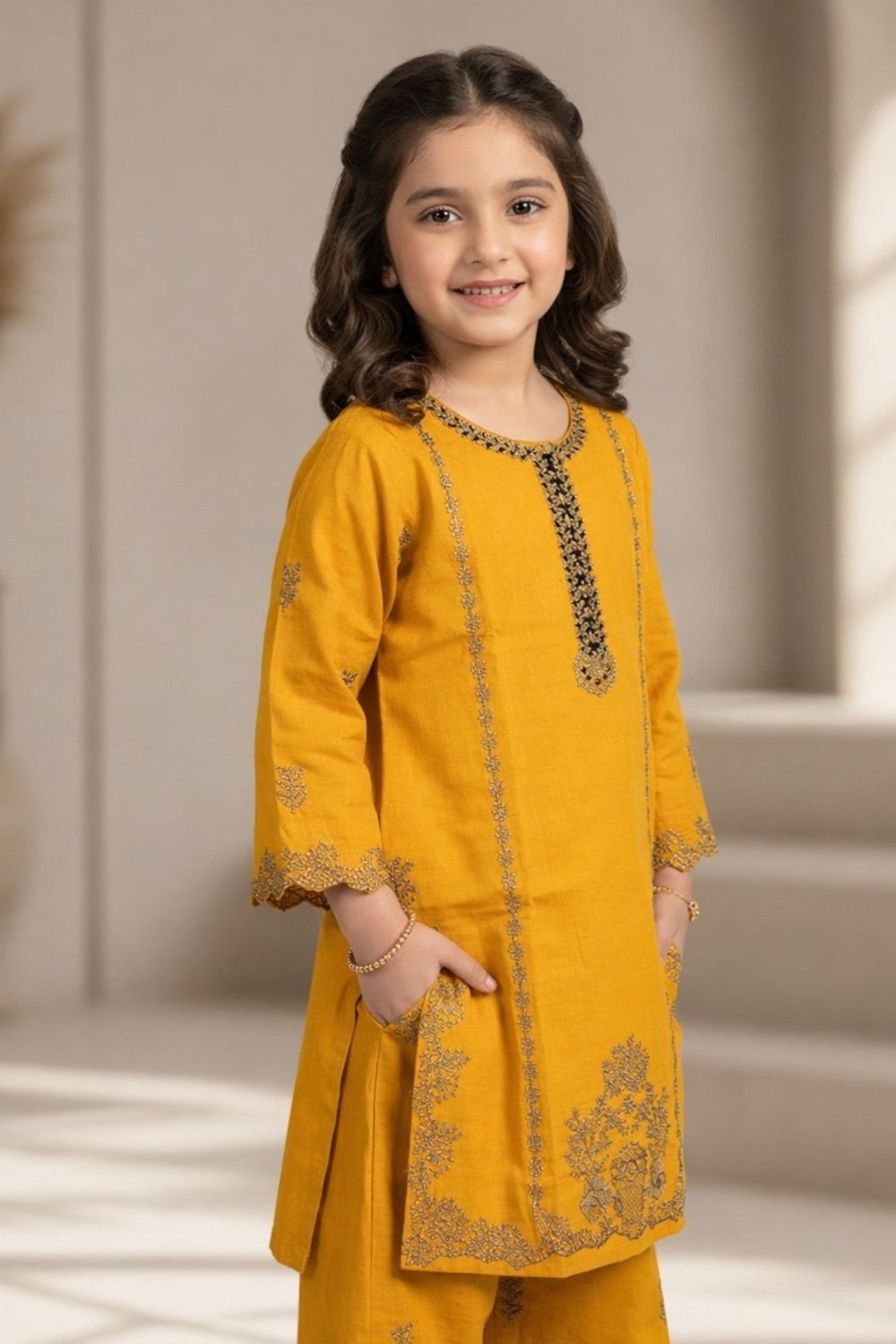 Mustard Embroidered Cotton Girls Kurta Set Online in Dubai UAE Abudhabi Ajman Sharjah