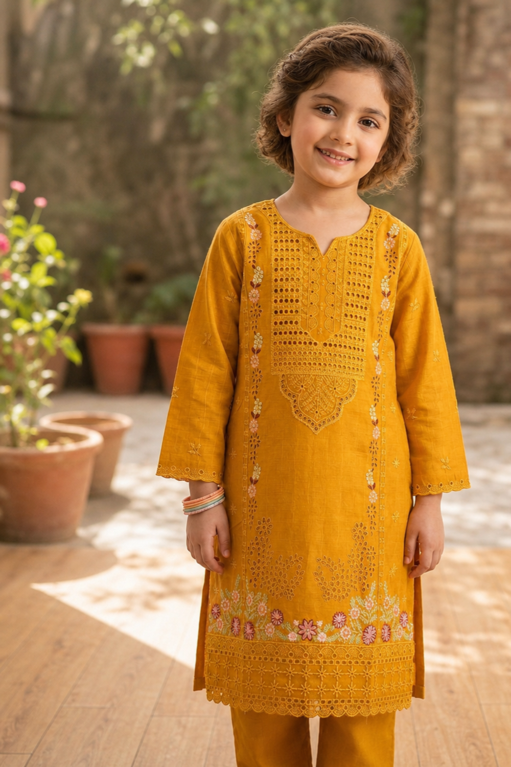 Mustard Embroidered Cotton Girls Kurta Set Online in Dubai UAE Abudhabi Ajman Sharjah