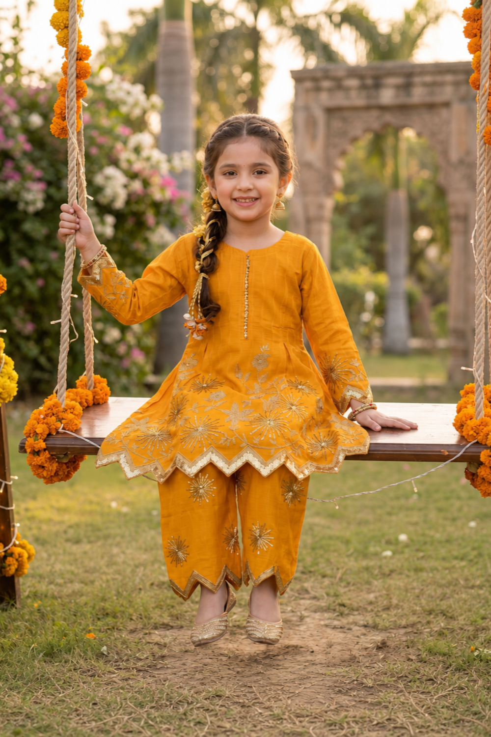 Mustard Embroidered Cotton Girls Kurta Set Online in Dubai UAE Abudhabi Ajman Sharjah