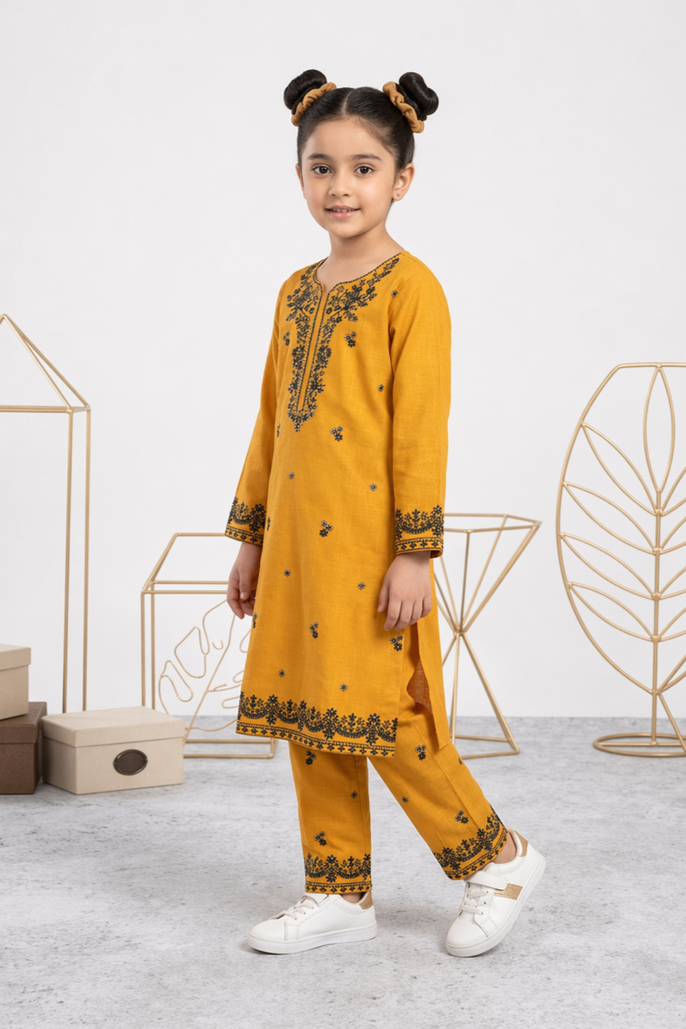 Mustard Embroidered Cotton Kurta Set for Girls Online in Dubai UAE Abudhabi Ajman Sharjah