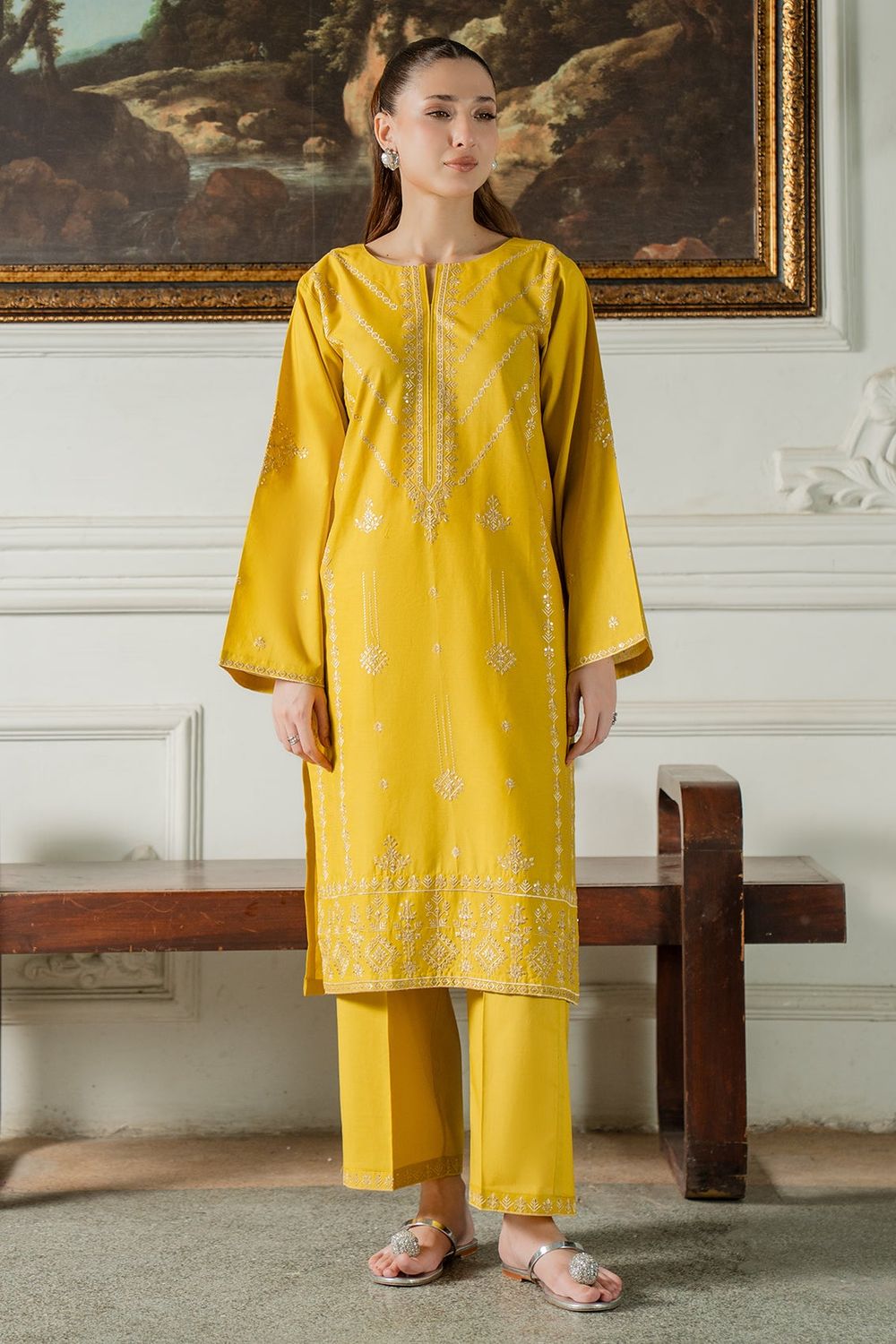 Mustard Embroidered Cotton Kurta Set Online in Dubai UAE Abudhabi Ajman Sharjah