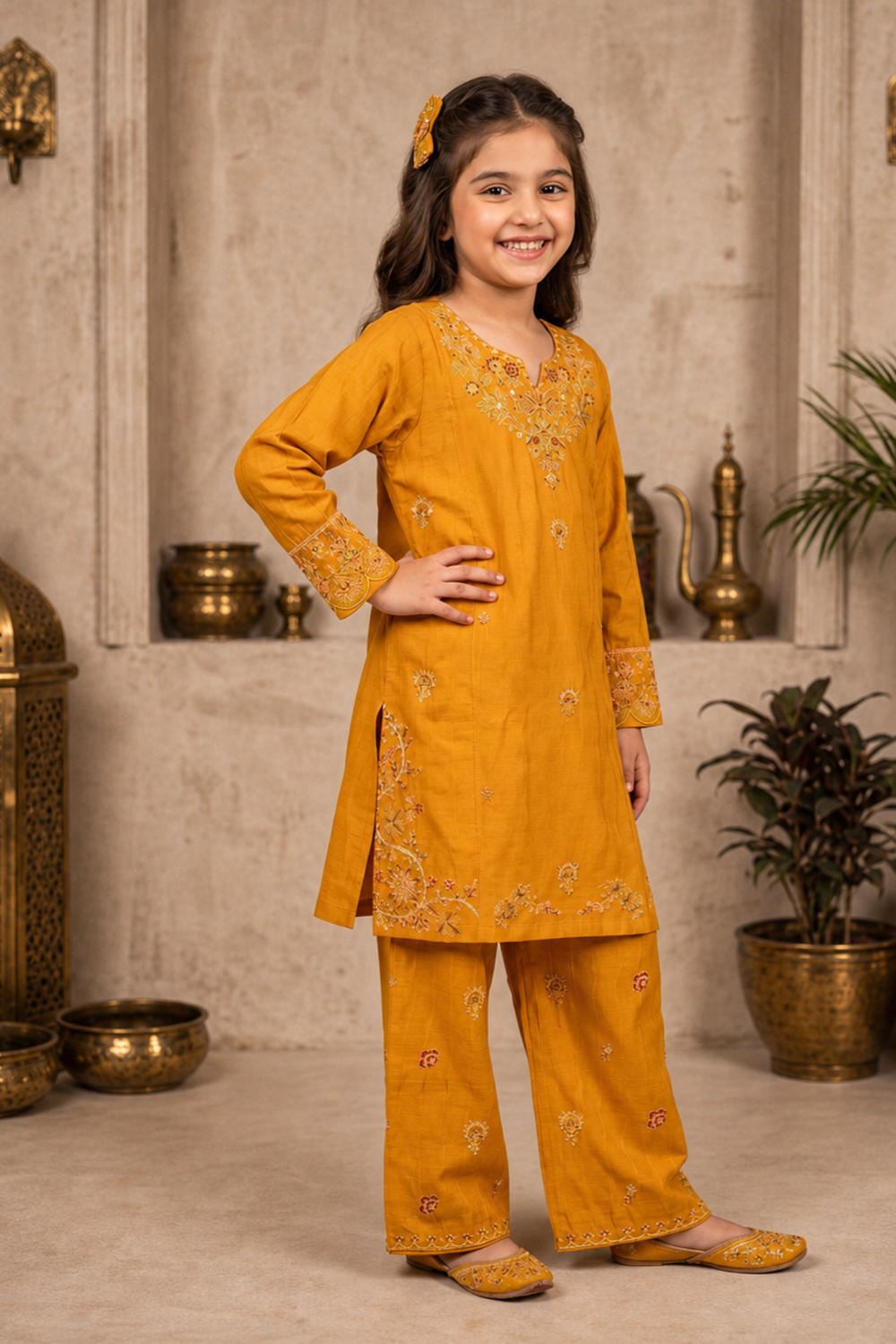 Mustard Embroidered Cotton Kurta Set Online in Dubai UAE Abudhabi Ajman Sharjah