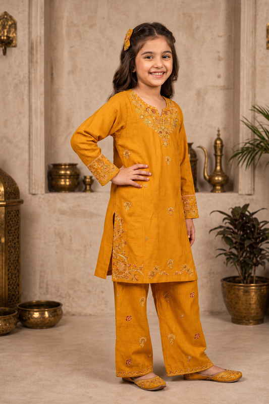 Mustard Embroidered Cotton Kurta Set Online in Dubai UAE Abudhabi Ajman Sharjah