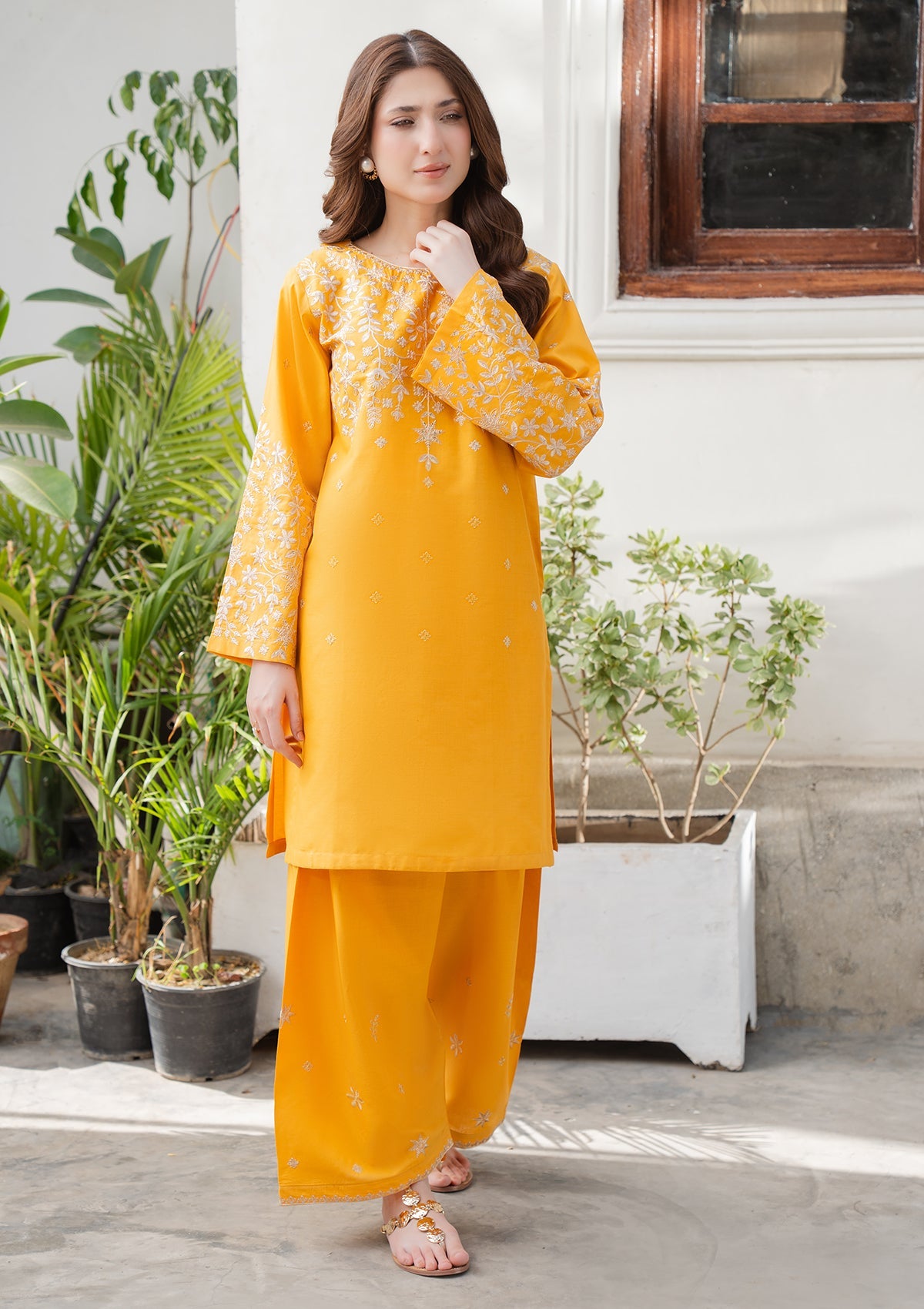 Mustard Embroidered Cotton Party Wear Suit Online in Dubai UAE Abudhabi Ajman Sharjah
