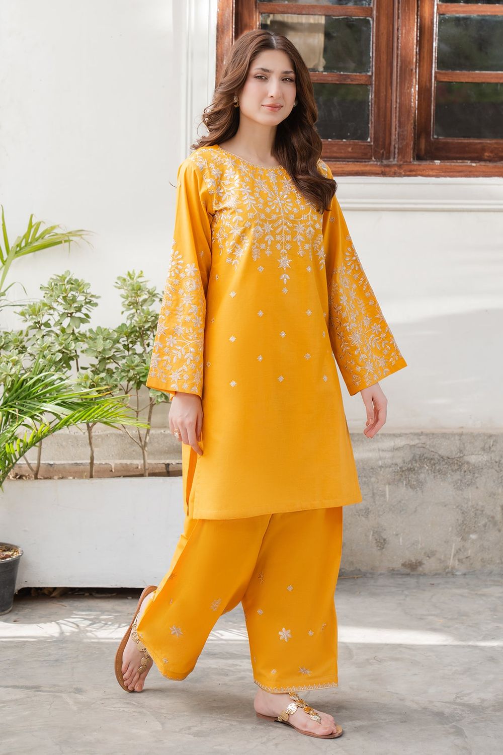 Mustard Embroidered Cotton Straight Kurta Shalwar Online in Dubai UAE Abudhabi Ajman Sharjah