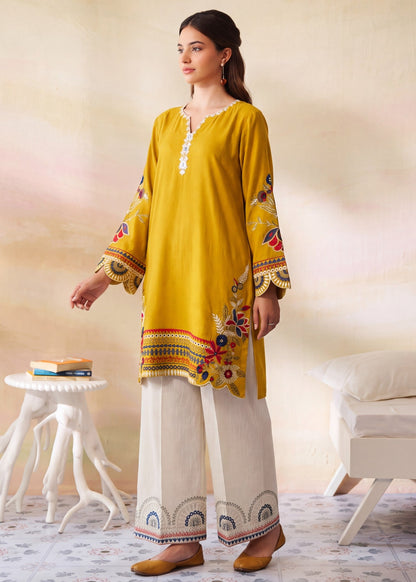 Mustard Embroidered Dhanak Kurta Set Online in Dubai DXB UAE Abudhabi Meena Bazaar