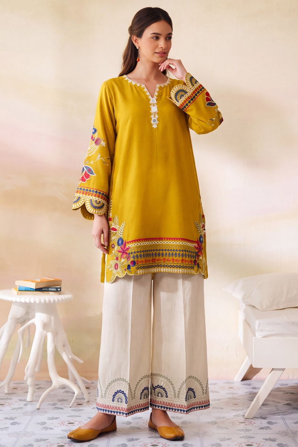Mustard Embroidered Dhanak Kurta Set Online in Dubai UAE Abudhabi Ajman Sharjah