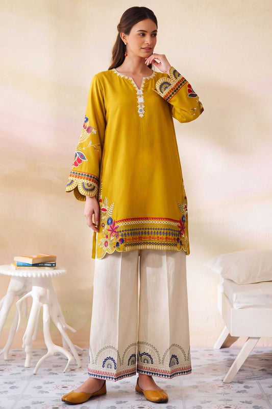 Mustard Embroidered Dhanak Kurta Set Online in Dubai UAE Abudhabi Ajman Sharjah