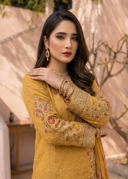 Mustard Embroidered Jacquard 3 Piece Dress Material Online in Dubai UAE Abudhabi Ajman Sharjah