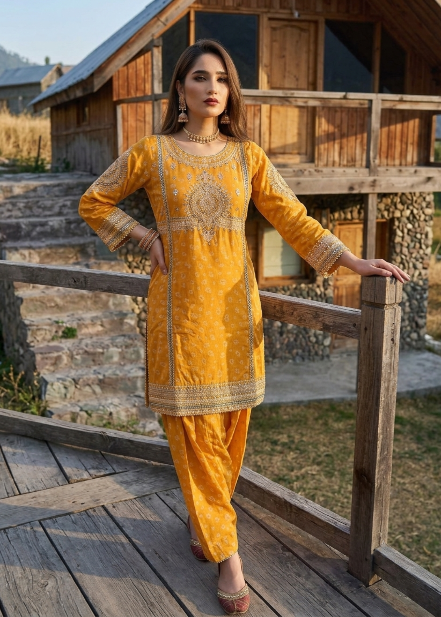 Mustard Embroidered Jacquard 3 Piece Suit Online in Sri Lanka India Australia