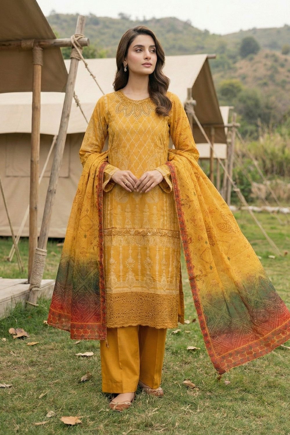 Mustard Embroidered Jacquard Festive Suit Online in Dubai UAE Abudhabi Ajman Sharjah