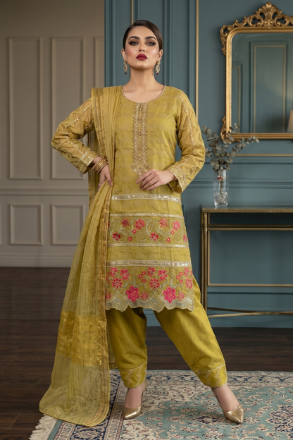 Mustard Embroidered Jacquard Festive Suit Online in Dubai UAE Abudhabi Ajman Sharjah