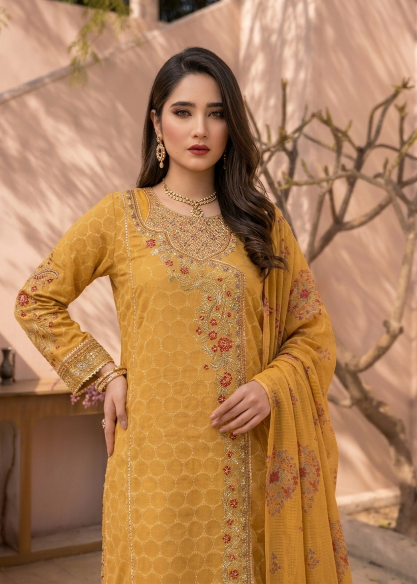 Mustard Embroidered Jacquard Festive Suit Online in Sri Lanka India Australia