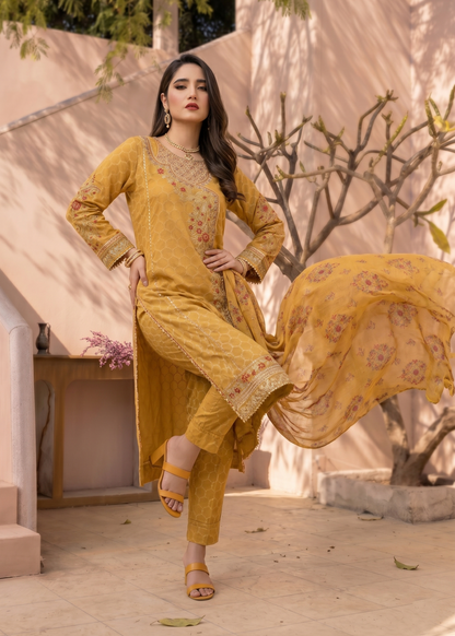 Mustard Embroidered Jacquard Festive Wear Dress Online in Sri Lanka India Australia