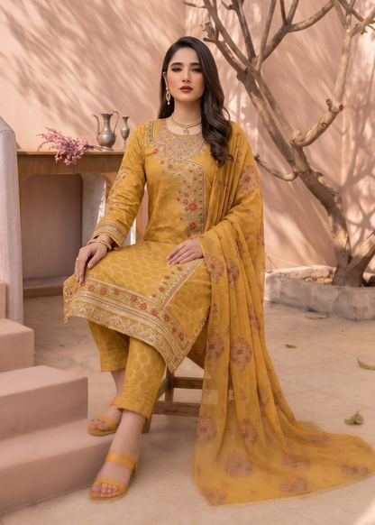 Mustard Embroidered Jacquard Festive Wear Suit Online in Sri Lanka India Australia