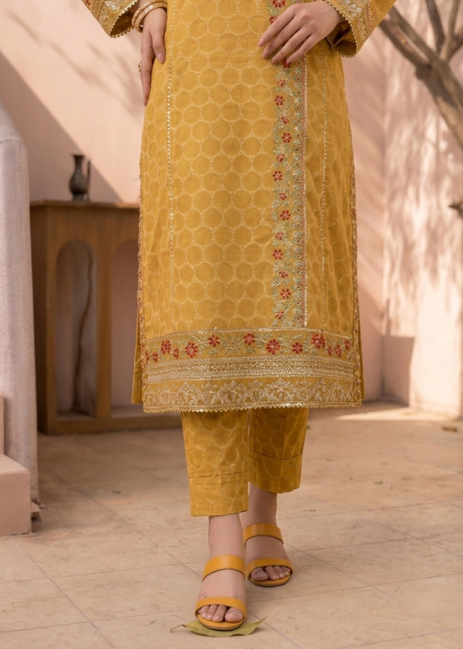 Mustard Embroidered Jacquard Partywear Kurta Suit Online in Dubai UAE Abudhabi Ajman Sharjah