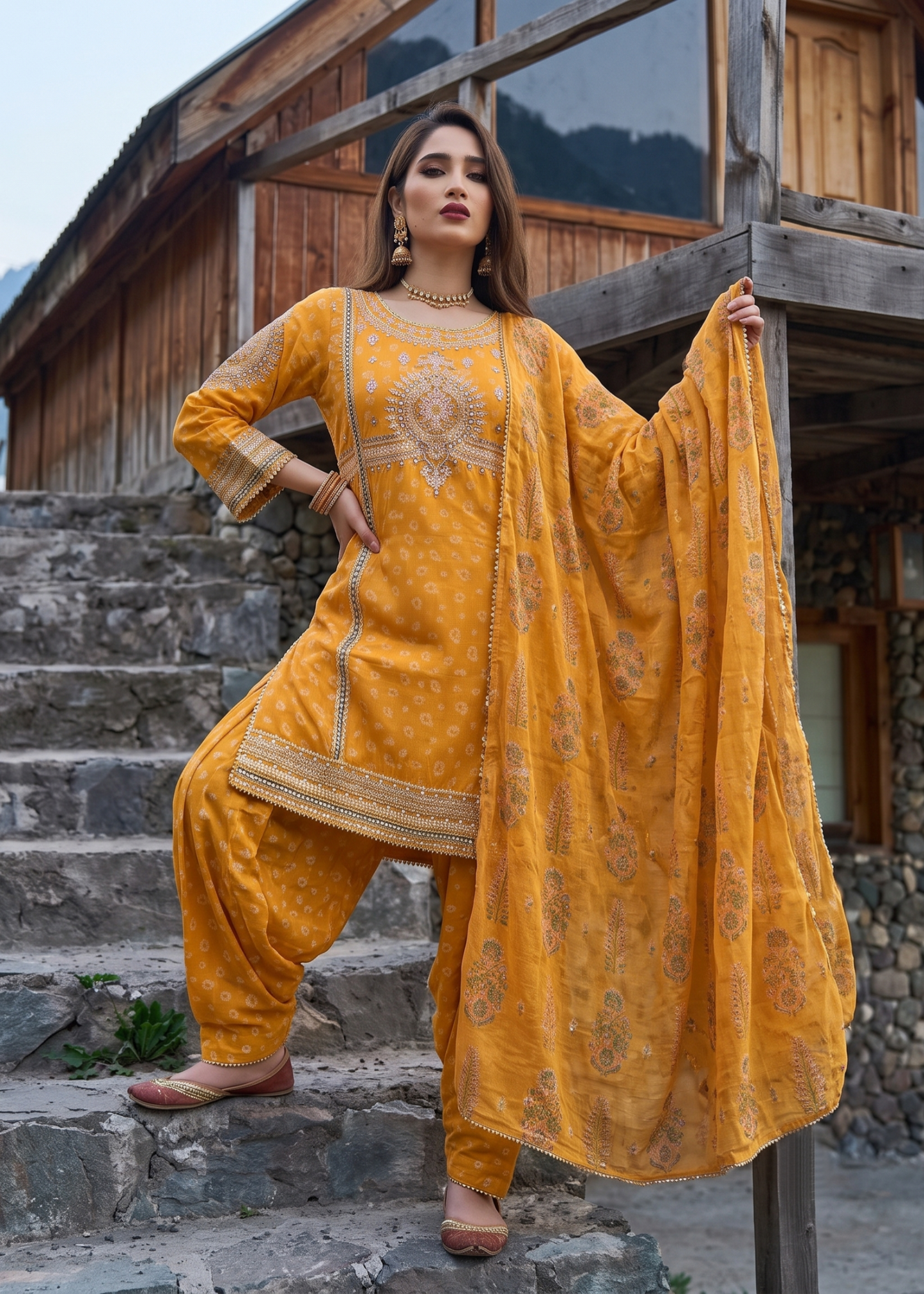 Mustard Embroidered Jacquard Partywear Salwar Kameez Online in Dubai UAE Abudhabi Ajman Sharjah