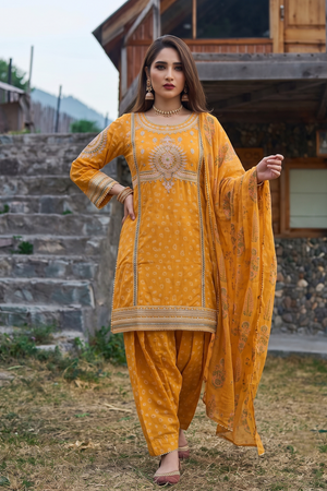 Mustard Embroidered Jacquard Salwar Suit Online in Dubai UAE Abudhabi Ajman Sharjah