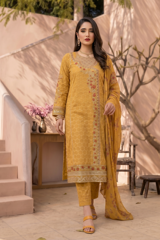 Mustard Embroidered Jacquard Straight Kurta Suit Online in Dubai UAE Abudhabi Ajman Sharjah