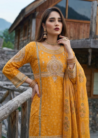 Mustard Embroidered Jacquard Suit for Women Online in Sri Lanka India Australia