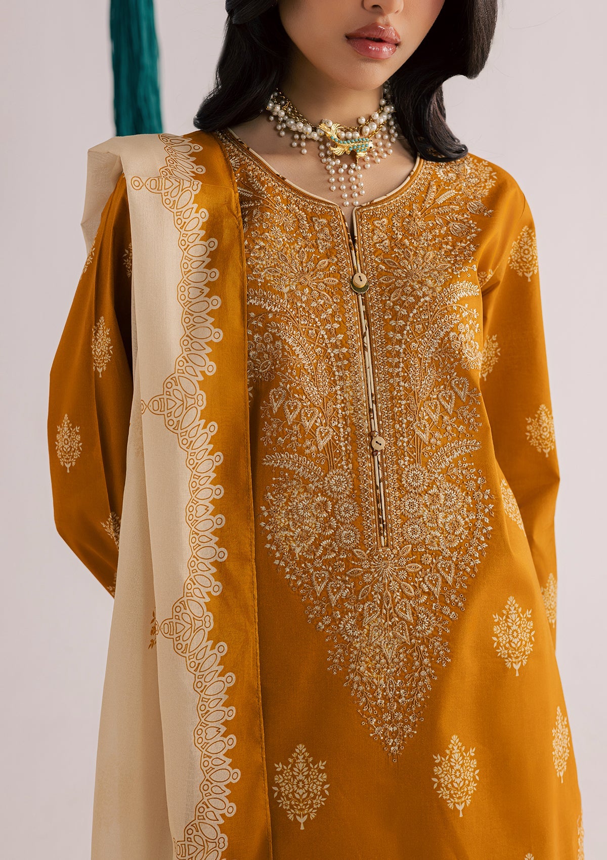Mustard Embroidered Lawn 3 Piece Dress Material Online in Sri Lanka India Australia