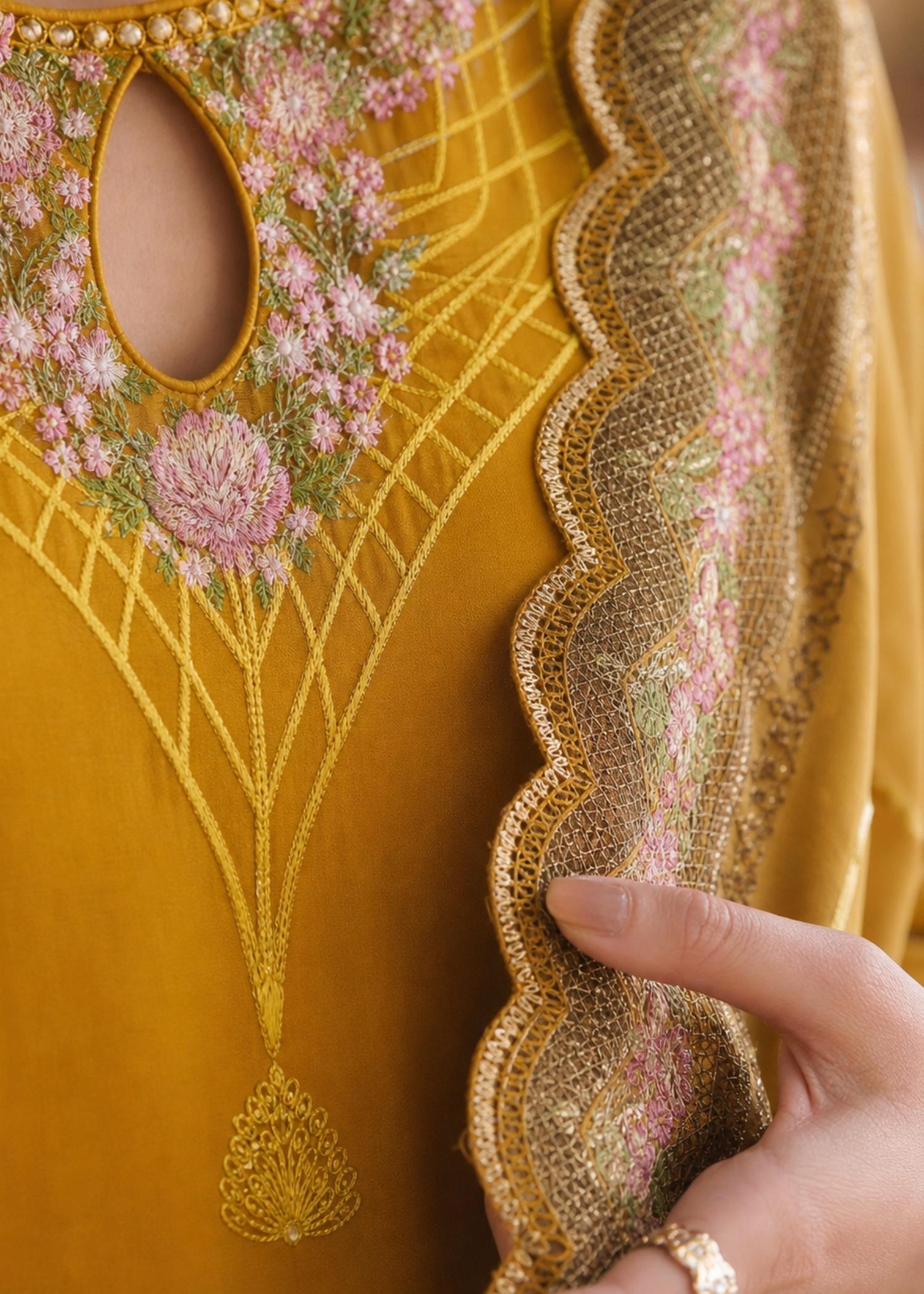 Mustard Embroidered Lawn 3 Piece Dress Material Online in Sri Lanka India Australia
